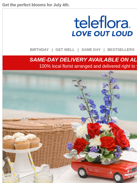 teleflora newsletter: 20% Off Patriotic Petals ❤️🤍💙 Perfect for July 4...