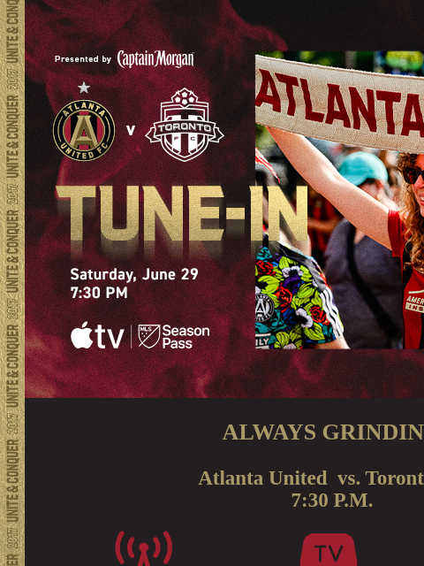 How to tune-in at 7:30 pm... ﻿͏ ﻿͏ ﻿͏ ﻿͏ ﻿͏ ﻿͏ ﻿͏ ﻿͏ ﻿͏ ﻿͏ ﻿͏ ﻿͏ ﻿͏ ﻿͏ ﻿͏ ﻿͏ ALWAYS GRINDING Atlanta United vs. Toronto FC 7:30 PM LISTEN: 92.9 The Game(ENG) La Mejor(SPA) WATCH: MLS Season Pass on @