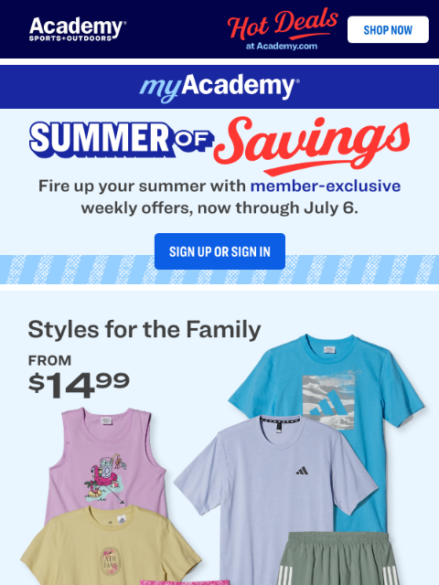 academy newsletter: adidas Styles for the Family, from $14.99