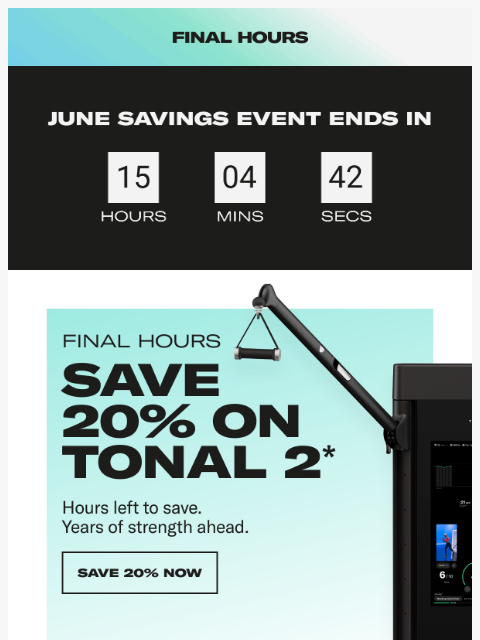 tonal newsletter: Ends at Midnight: 20% off Tonal 2