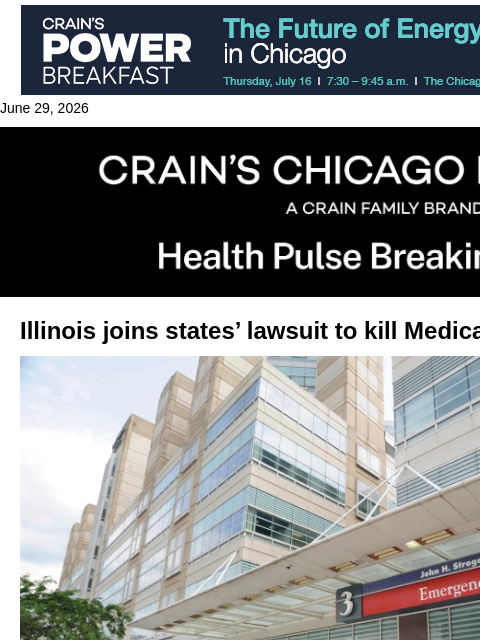 crainalerts newsletter: Illinois sues feds over Medicaid work requirements