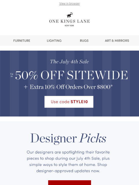 onekingslane newsletter: Shop the Sale Like a Designer — Up to 50% Off