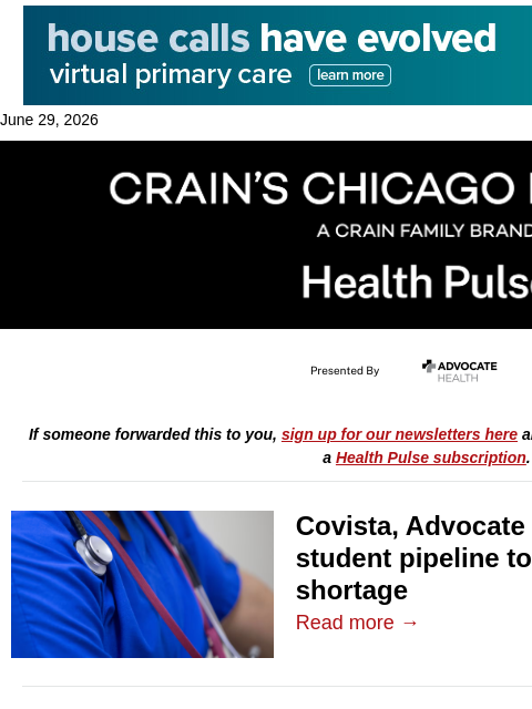 crainalerts newsletter: Advocate, Covista build nursing pipeline