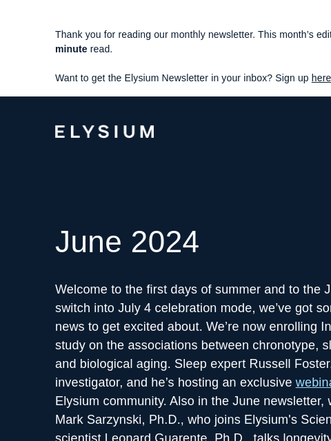 Plus, new SAB member, Dr. Guarente on KTLA 5 News, and more. Thank you for reading our monthly newsletter. This month's edition is 1268 words, about a 5-minute read. Want to get the Elysium