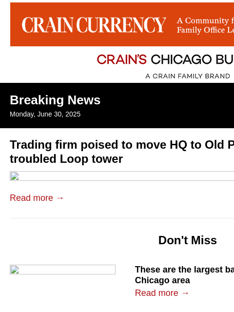 crainalerts newsletter: Trading firm poised to move HQ to Old Post Office