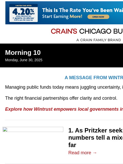 crainalerts newsletter: Mixed numbers cloud Pritzker's third-term bid
