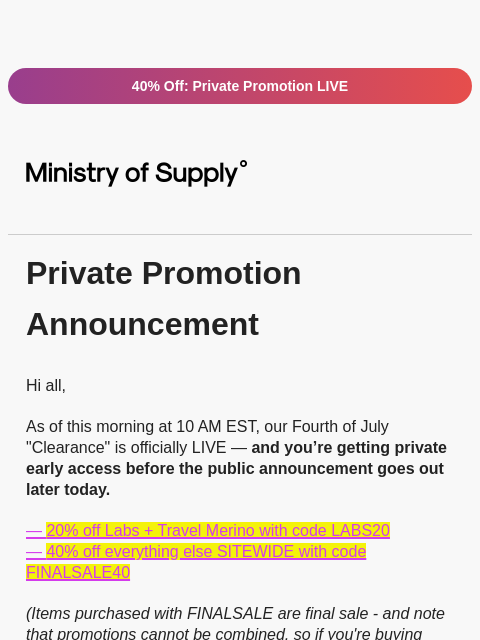 ministryofsupply newsletter: PRIVATE SALE LAUNCHES NOW
