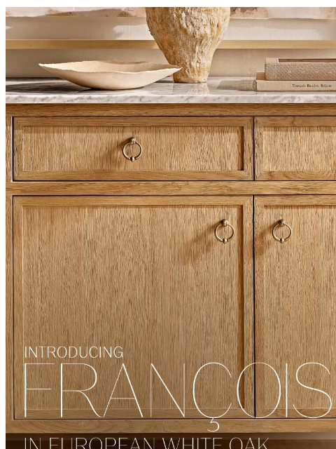 rh newsletter: François in European Oak & Italian Carrara Marble....