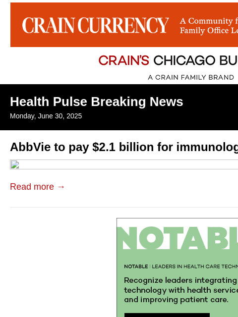 crainalerts newsletter: AbbVie to pay $2.1B for immunology drug developer