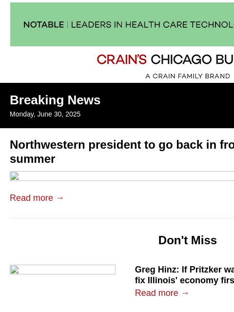 crainalerts newsletter: Northwestern president to go back in front of Cong...