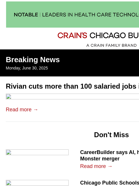 crainalerts newsletter: Rivian cuts more than 100 salaried jobs