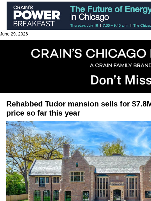 crainalerts newsletter: Winnetka's priciest home sale of 2026