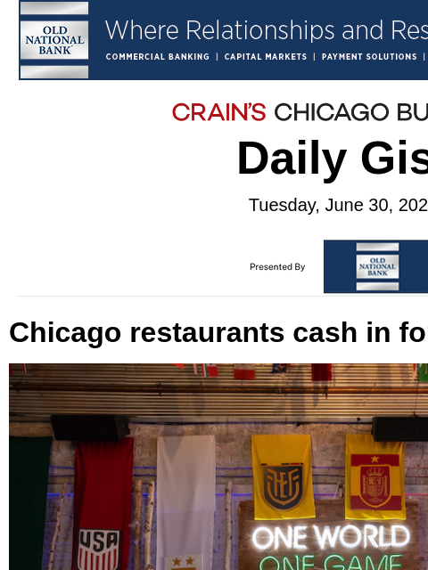 crainalerts newsletter: Chicago restaurants cash in for World Cup