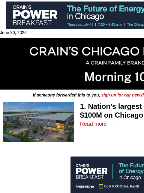 crainalerts newsletter: ​Industrial giant sets sights on suburbs