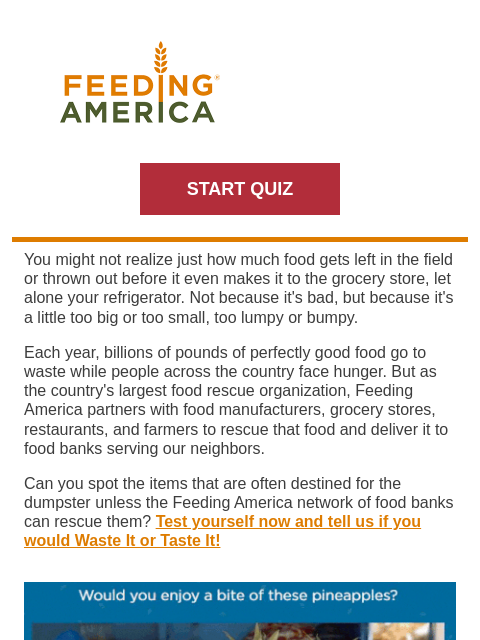 Can you spot which foods are destined for the dumpster? | Feeding America. START QUIZ You might not realize just how much food gets left in the field or thrown out before it even makes it to the