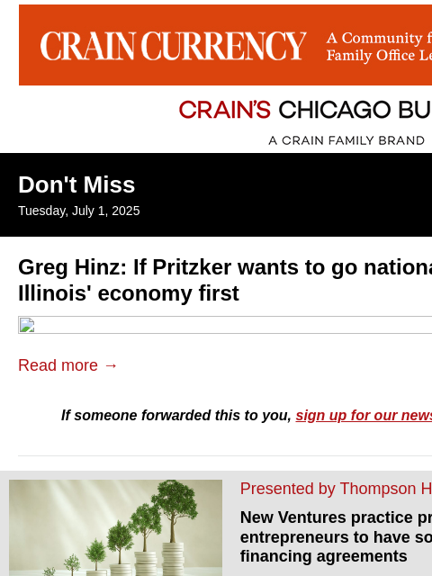 crainalerts newsletter: Pritzker's national hopes hinge on Illinois econom...