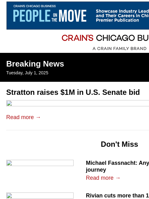 crainalerts newsletter: Stratton raises $1M in U.S. Senate bid