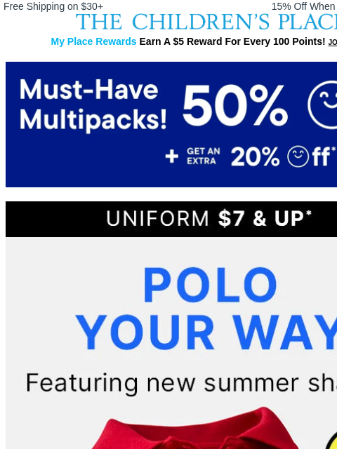 childrensplace newsletter: A+ Style Starts with $7 & up Uniform Polos!