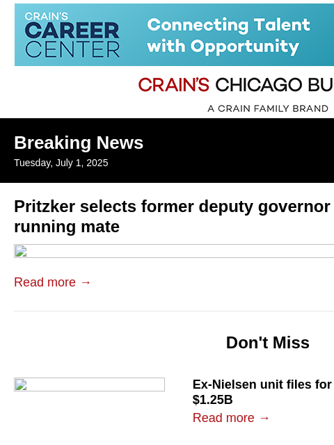crainalerts newsletter: Pritzker picks new running mate