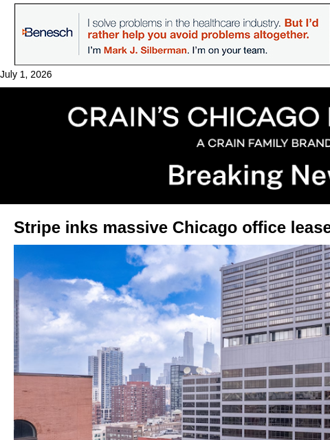 crainalerts newsletter: Stripe inks massive Chicago office lease expansion