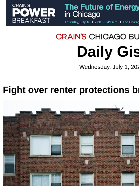 crainalerts newsletter: Fight over renter protections brewing in City Hall