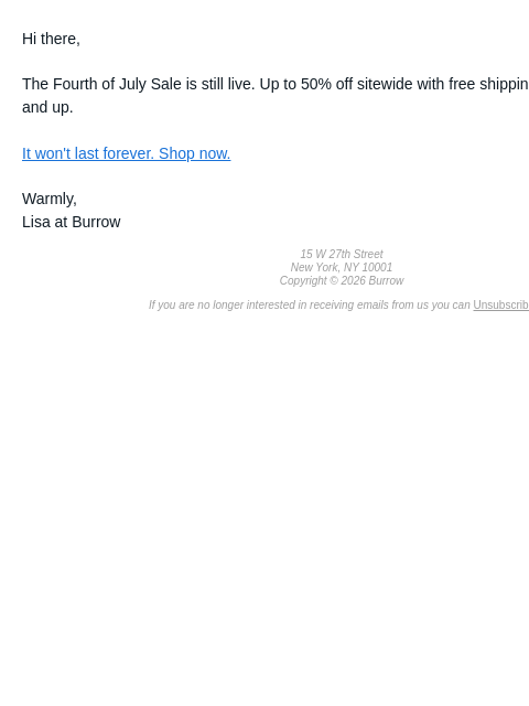 burrow newsletter: Still going. Up to 50% off.