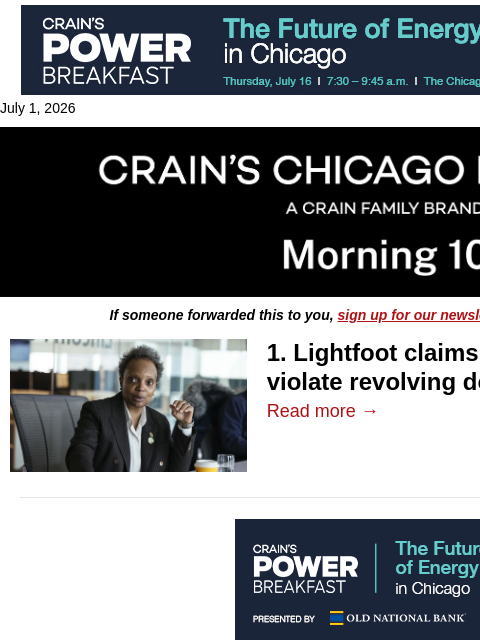 crainalerts newsletter: Lightfoot defends work for Bally's
