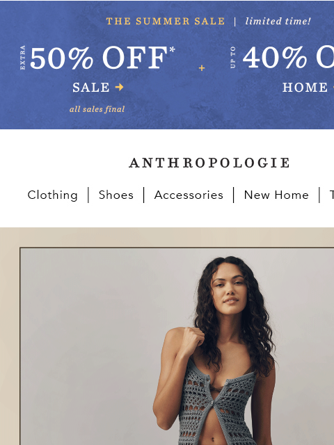 anthropologie newsletter: Extra 50% off sale + trending: crochet
