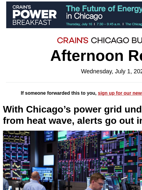 crainalerts newsletter: Chicago grid braces for record power demand