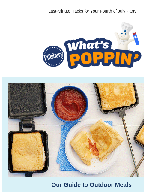 Last-Minute Hacks for Your Fourth of July Party Pillsbury What's Poppin Cast iron campfire cookers filled with pizza calzones with single serving on blue blate with blue and white napkins on the