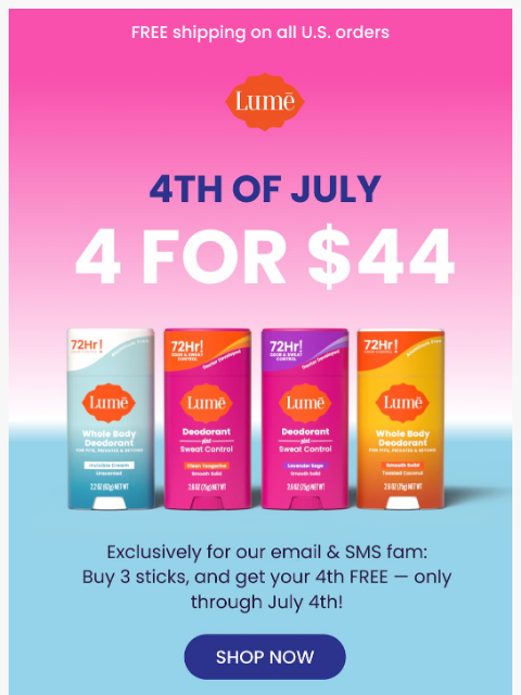 lumedeodorant newsletter: 4 for $44 for July 4th! 🎆