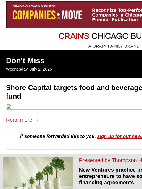 crainalerts newsletter: Shore Capital raises $450 million fund