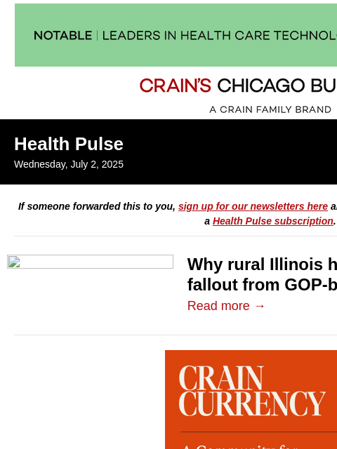 crainalerts newsletter: Medicaid cuts put rural hospitals at risk