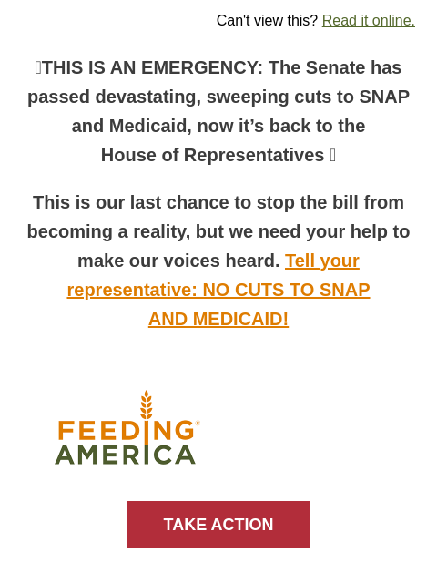 feedingamerica newsletter: ⚠️BREAKING: Senate passed cuts to SNAP and Medicai...