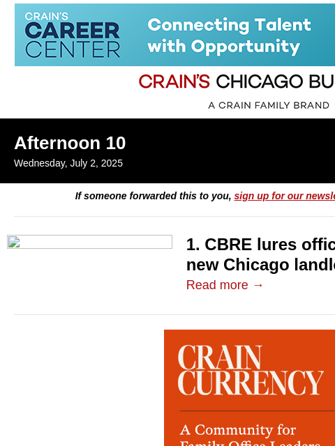 crainalerts newsletter: CBRE poaches leasing team
