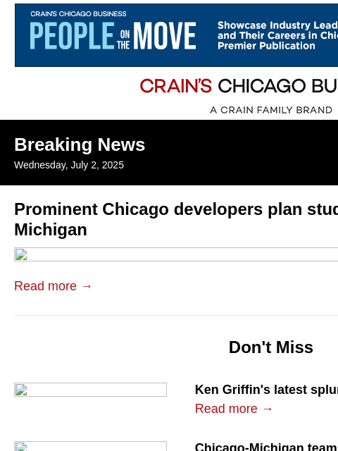 crainalerts newsletter: Prominent Chicago developers plan Michigan student...