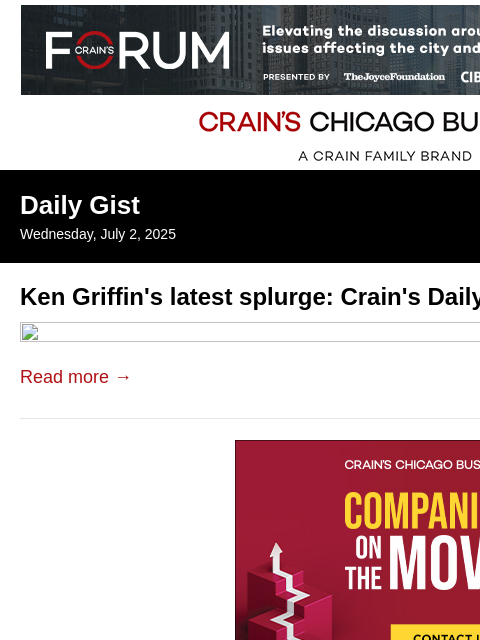 crainalerts newsletter: Ken Griffin's latest splurge: Crain's Daily Gist p...