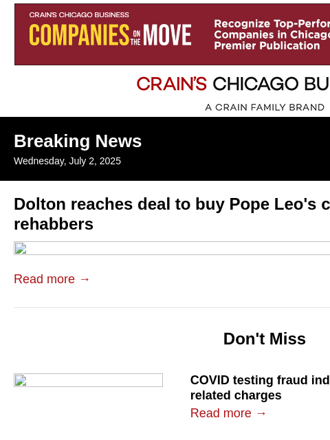 crainalerts newsletter: Pope Leo's childhood home: Dolton reaches deal