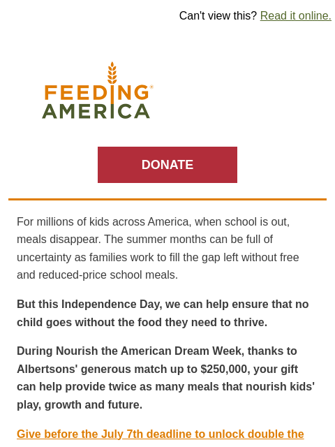 feedingamerica newsletter: 🎆Your 4th of July gift can have 2X the impact