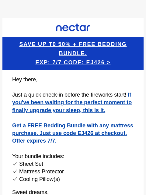 nectarsleep newsletter: 4th of July Beds = Save up to 50% + Free Bedding S...