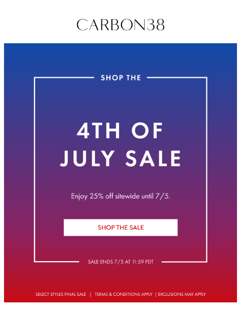 carbon38 newsletter: Shop 25% off Sitewide