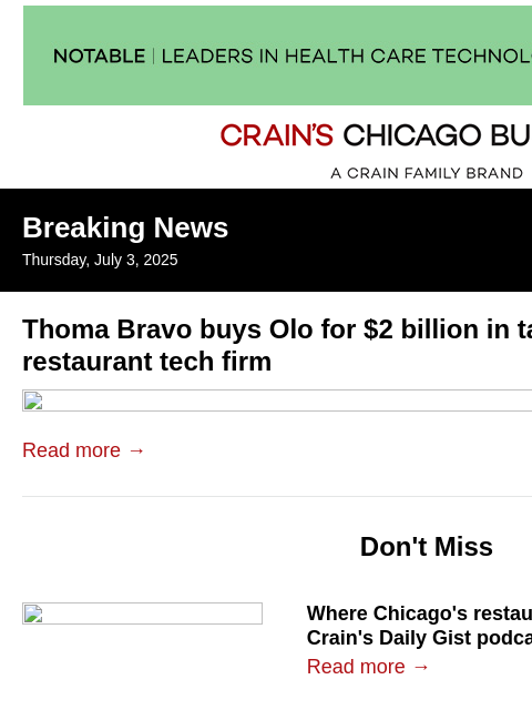 crainalerts newsletter: Thoma Bravo buys Olo for $2B in take-private deal