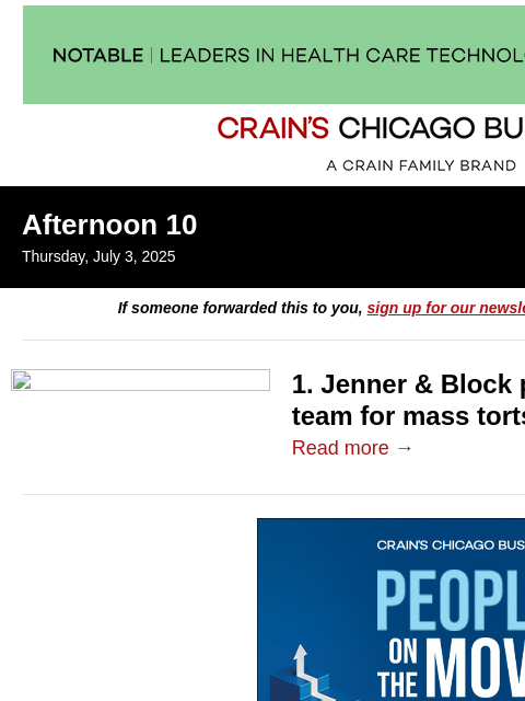 crainalerts newsletter: 5 lawyers jump from Mayer to Jenner