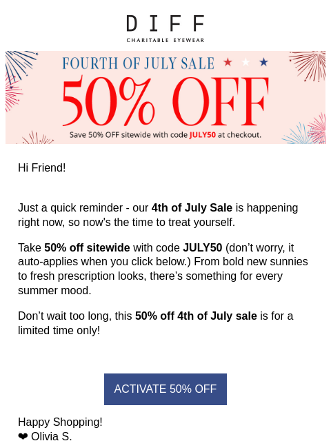 diffeyewear newsletter: 50% Off Is Waiting For You 🎆