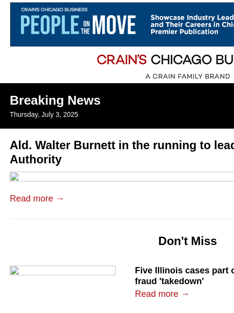 crainalerts newsletter: Ald. Burnett in running to lead CHA