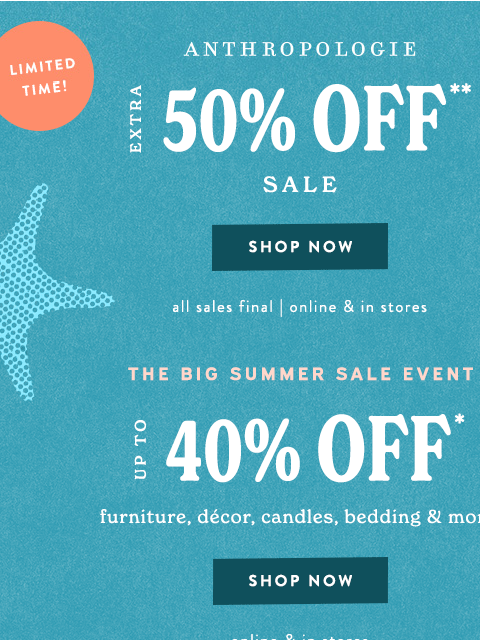 anthropologie newsletter: No FOMO. Just Extra 50% Off SALE!