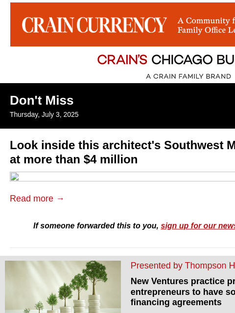 crainalerts newsletter: Chicago architect selling Southwest Michigan home