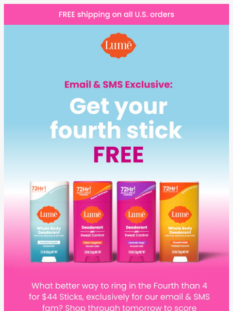 lumedeodorant newsletter: ENDS SOON: 4 for $44 Sticks! 🎆