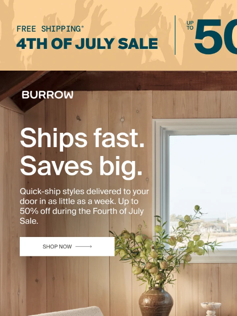 burrow newsletter: Shop now. Arrive fast. Save big.