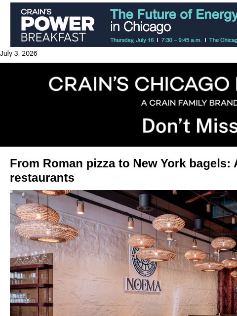 crainalerts newsletter: 8 new Chicago restaurants